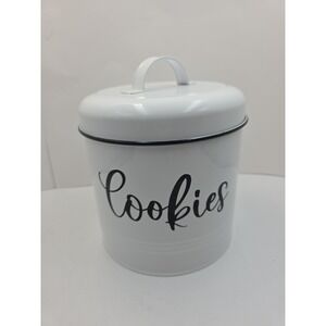 Farmhouse White‎ Metal Cookie Jar Canister Rustic Kitchen Counter Storage Tin